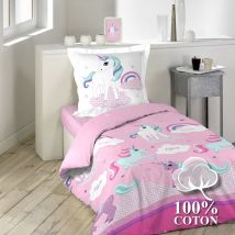 Housse de couette enfant 140 x 200 cm coton + 1 taie licorne pollypocket