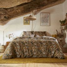 Housse de couette gaze de coton imprimé floral 200x200 cm marron