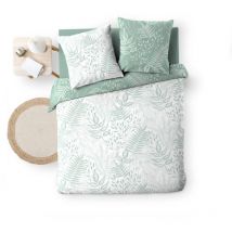 Housse de couette 220x240 cm + taies - Réversible - Feuillage blanc et sauge