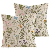 Housse de Coussin 45x45 cm Lot de 2 Housses Coussins Décoratifs Motif Plante à Fleurs Sauvages Vert Sauge pour Maison Salon Chambre Lit Extérieur