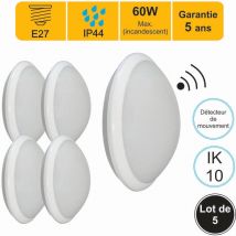 Lutece-arc - Lot de 5 appliques d'exterieur Hublot E27 à detecteur hf (mouvements et crépusculaire) rond IP44 IK10 - garantie 5 ans