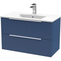 Hudson Reed - Fluted Satin Blue 800mm Wall Hung 2 Drawer Vanity Unit and Minimalist Ceramic Basin - DFF395B