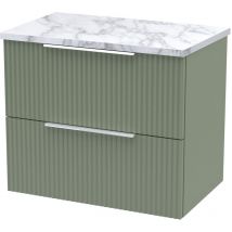 Fluted Satin Green 600mm Wall Hung 2 Drawer Vanity Unit with Matt Carrera Marble Laminate Worktop - DFF893LCM - Hudson Reed