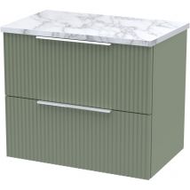 Hudson Reed Fluted Wall Hung 2-Drawer Vanity Unit with Carrera Marble Worktop 600mm Wide - Satin Green