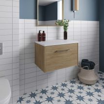 Hudson Reed - Juno Wall Hung 1-Drawer Vanity Unit with Sparkling White Worktop 600mm Wide - Autumn Oak