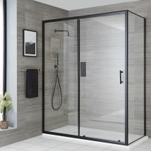 Nox - Douche Italienne d'Angle avec Porte Coulissante et Receveur de Douche Effet Texturé Blanc 140cm x 90cm - Noir - Hudson Reed