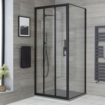 Nox - Douche Italienne d'Angle avec Porte Coulissante Triple Volet et Receveur de Douche Effet Texturé Gris Clair 80cm x 80cm - Noir - Hudson Reed