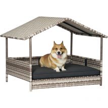 Pawhut - Rattan Hundeliege Outdoor mit Dach, Erhöhtes Hundebett für kleine und mittelgroße Hunde, Kühlendes Haustierliege mit Metallrahmen,