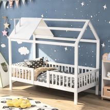 Hüttenbett 90x200 cm, mit Dach, Lattenrost, Rausfallschutz, Einzelbett in Hausform, Kinder prinzessinnenbett aus Kiefernholz - Weiß