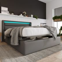 Qhj - Hydraulisch Stauraumbett Mit Led-beleuchtungsleiste, Doppelbett Bettgestell Polsterbett 140x200cm, Funktionsbett, Grau (mit Fernbedienung)
