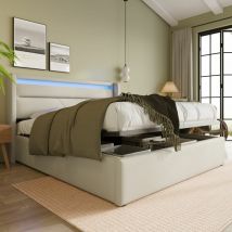 Hydraulisch Stauraumbett mit LED-Beleuchtungsleiste, Doppelbett Bettgestell Polsterbett 140x200cm, Funktionsbett, Wei (Mit Fernbedienung)