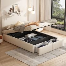 Doppeltes Polsterbett 140x200 Cm, Hydraulisches Boxspringbett, Zwei Schubladen Am Ende Des Bettes, Ohne Kopfteil, Stauraum, Bettwäsche – Beige