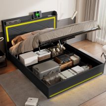Doppelbett Polsterbett 140x200 cm, hydraulisches Boxspringbett mit verstellbarer LED-Beleuchtung, USB-Ladefunktion, pu, ​​Stauraum – Schwarz