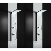 Duschpaneel aus zweifarbigem Aluminium, in Weiß und Schwarz, mit Hydromassagefunktion, Regendusche und Handbrause.