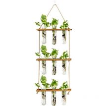 Coocheer - Hydroponische Reagenzglasvase aus Glas zum Aufhängen, Holzrahmen, Pflanzenbehälter, kreative Heimdekoration – 3 Schichten, 3 Löcher