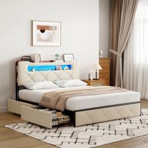 Hytkkbd – Polsterbett 140x200cm Mit 4 Schubladen,led-beleuchtung,usb-ladefunktion,doppelbett,lattenrost,bettkopf Aufbewahrbar,samt, Beige