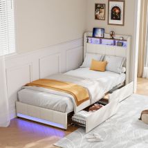 Hytkkbd–einzelbett 90x200 Cm,mit 2 Usb-anschlüssen Und 1 Type-c,einstellbarer Led-beleuchtung,2 Schubladen,kinderbett,jugendbett,polsterbett,
