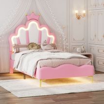 Hytkkbd–kinderbett Polsterbett 90x200cm,prinzessinnenkronen-kopfteil Und Verstellbarer Led-lichtleiste,mädchenbett,jugendbett Skandinavischer Stil,pu-