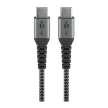 goobay USB-C vers USB-C Câble Textile avec des Fiches Métalliques (Gris Sidéral/Argent) 1 m, câble de connexion élégant et extra-robuste pour les