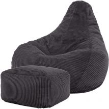 icon Pouf Fauteuil en Velours Côtelé Dalton et Repose-Pieds, Poufs de Salon pour Adultes. Gris Anthracite, OEKO-TEX