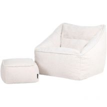 Pouf fauteuil et son repose-pied carré en tissu borg bouclé, xxl Pouf Géant pour Salon, Pouf Poire Adultes, Beige Naturel - Icon
