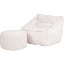 Pouf Fauteuil et son repose-pied rond en tissu borg bouclé, xxl Pouf Géant pour Salon, Pouf Poire Adulte, Beige Naturel - Icon