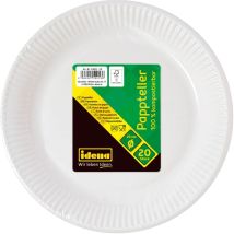 50053 - Piatti Di Carta Bianchi, 20 Pezzi, Diametro 23 Cm, Ecologici E Compostabili, Piatti Di Carta, Piatti Di Carta, Stoviglie Usa E Getta - Idena
