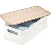Eco Bin Organizer Coperchio, Cestino Dimensioni Medie con Manici in plastica Riciclata Senza bpa, Portaoggetti Bagno in Legno di Paulownia, Bianco,