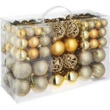 Lot de 100 boules de Noël dorées assorties Ficelles dorées pour la suspension Diamètre 3, 4 et 6 cm