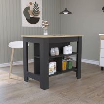 Tuhome Concept - Ilot de cuisine Cala, trois étagères et quatre pieds 90 cm h x 103 cm l x 70 cm p. Noir / Duna