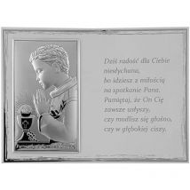Image souvenir de la première communion en argent avec gravure pour un garçon Taille: 18x13 cm Couleur : blanc UGS : VL820/4BI/S