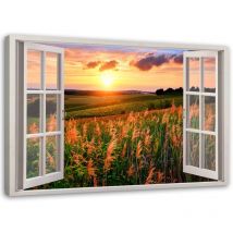 Image sur toile, Fenêtre - vue d'un champ de fleurs - 60x40