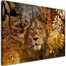 Image sur toile, Lion et feuilles de Monstera dorées - 100x70