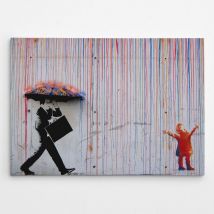 Epikasa - Impression sur Toile Banksy Pluie Colorée, Polyester, Bois, Marron, Noir, 100x3x70 cm