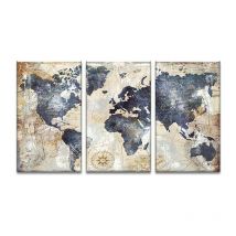 Impression sur toile intissee Carte du monde tableau 3 parties tableaux decoration murale photo 3060 cm