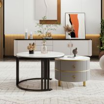 Redom - 2-in-1-Couchtisch, rund, mdf, Beistelltisch mit glänzender Platte und 1 Platte aus weißem Marmor, kombinierter Wohnzimmer-Couchtisch mit 2