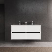 Badezimmerschrank 4 Schubladen L.120 mit doppeltem Hochglanzwaschbecken / Mattweiß - diamante - Inda