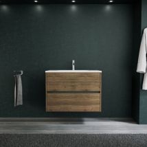Inda - Mueble de baño 2 cajones L.80 con lavabo mate / Roble marrón - Diamante