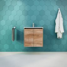 Inda - Badezimmerschrank B.60 Mit Glänzendem Waschbecken / Natureiche 2 Türen - Saphir