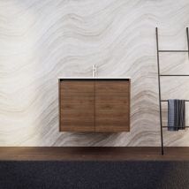 Inda - Badezimmerschrank B.80 Mit Mattiertem Waschbecken / Braune Eiche 2 Türen - Saphir