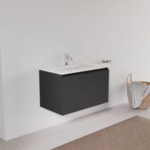 Inda - Badezimmerschrank mit 1 Schublade L.80 und quadratischem Waschbecken – Schwarzer Ledereffekt