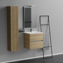 Inda - Mueble de baño 2 cajones L.60 con espejo lavabo y lámpara - Roble Natural