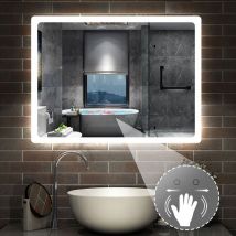 Induktion Badspiegel led Wandspiegel Badezimmerspiegel Beleuchtung nur Kaltweiß Einstellbare Helligkeit 70x50cm