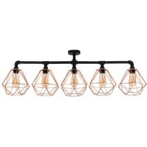 Minisun - Luiggi Industrial 5 Way Satin Black Pipework Ceiling Light with Copper Cage Shades