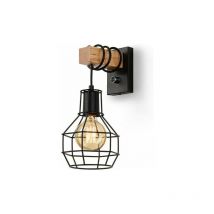 Industrial Indoor Wall Lamp, Dimmable Vintage Cage Lampshade with Wall Switch, E27 Metal and Wood Rope, for Living Room, Dining Room, Hallway, Black
