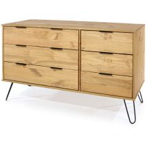 Augusta 3+3 Drawer Wide Chest of Drawers - Pine/Metal/MDF - 119.3 x 39.5 x 73.6 cm - Antique Waxed Pine/Black