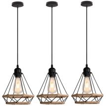 Wottes - Lustre Suspension Industrielle en Forme Diamant E27 Lampe Suspension en Décoration Corde de Chanvre Noir - 3 Pcs