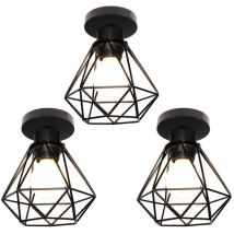 Axhup - Industrielle Plafonnier Cage Diamant en Métal Lampe de Plafond Luminaire E27 pour Chambre Couloir Salon Noir - 3PCS