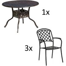 4-teilige Sitzgruppe Aluminium Guss bronze Tisch ø 106 cm mit 3 Sesseln Tisch Ø106 cm mit 3x Sessel Capri - Inko