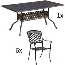 7-teilige Sitzgruppe Alu-Guss bronze Tisch 120x80x74 cm cm mit 6 Sesseln Tisch 120x80 cm mit 6x Sessel Urban - Inko